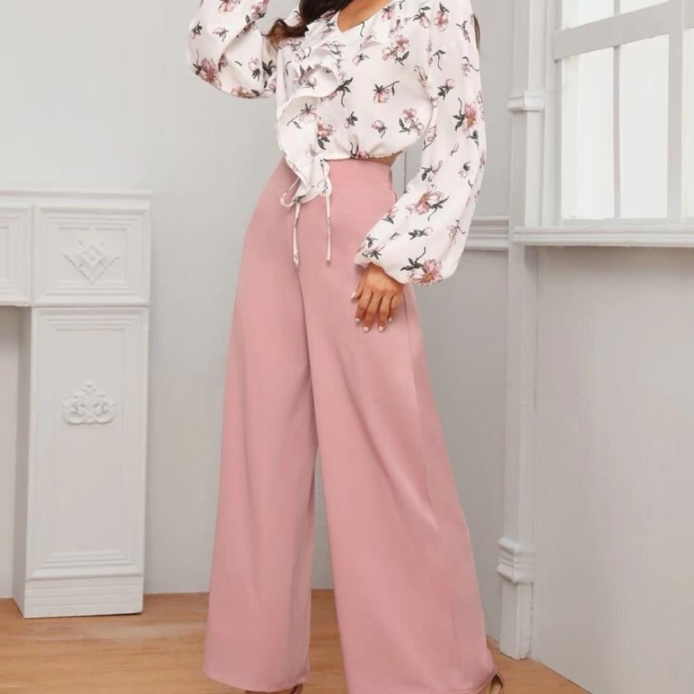 Ruffle trim floral top & wide leg pant set